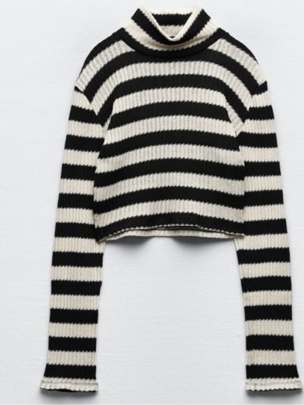 Zara Striped Black and Cream Ribbed Turtleneck Crop Sweater